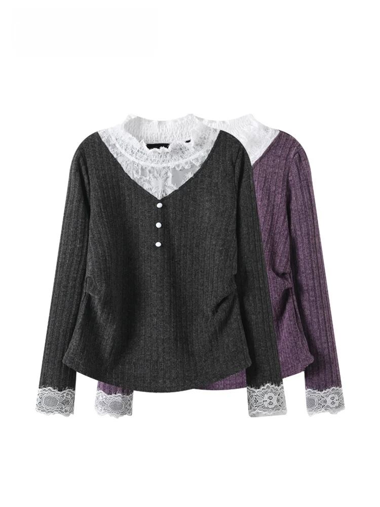 

Warm Fce Lined Knitwear Women's plus Size Winter Top Lace Trim Patchwork Design Thiened Long Sve T-irt for Older Women