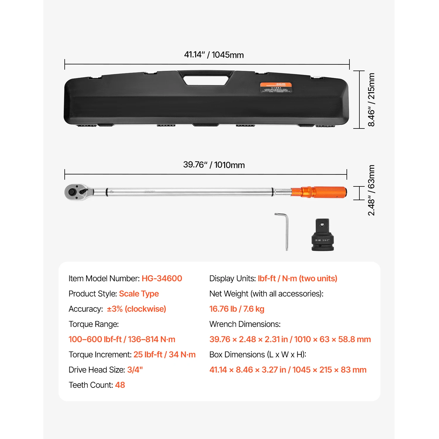 SucceBuy Momentsleutelset Drive Click Momentsleutel Dual-Direction Verstelbare Mechanische Dual Range Weegschalen Momentsleutelset