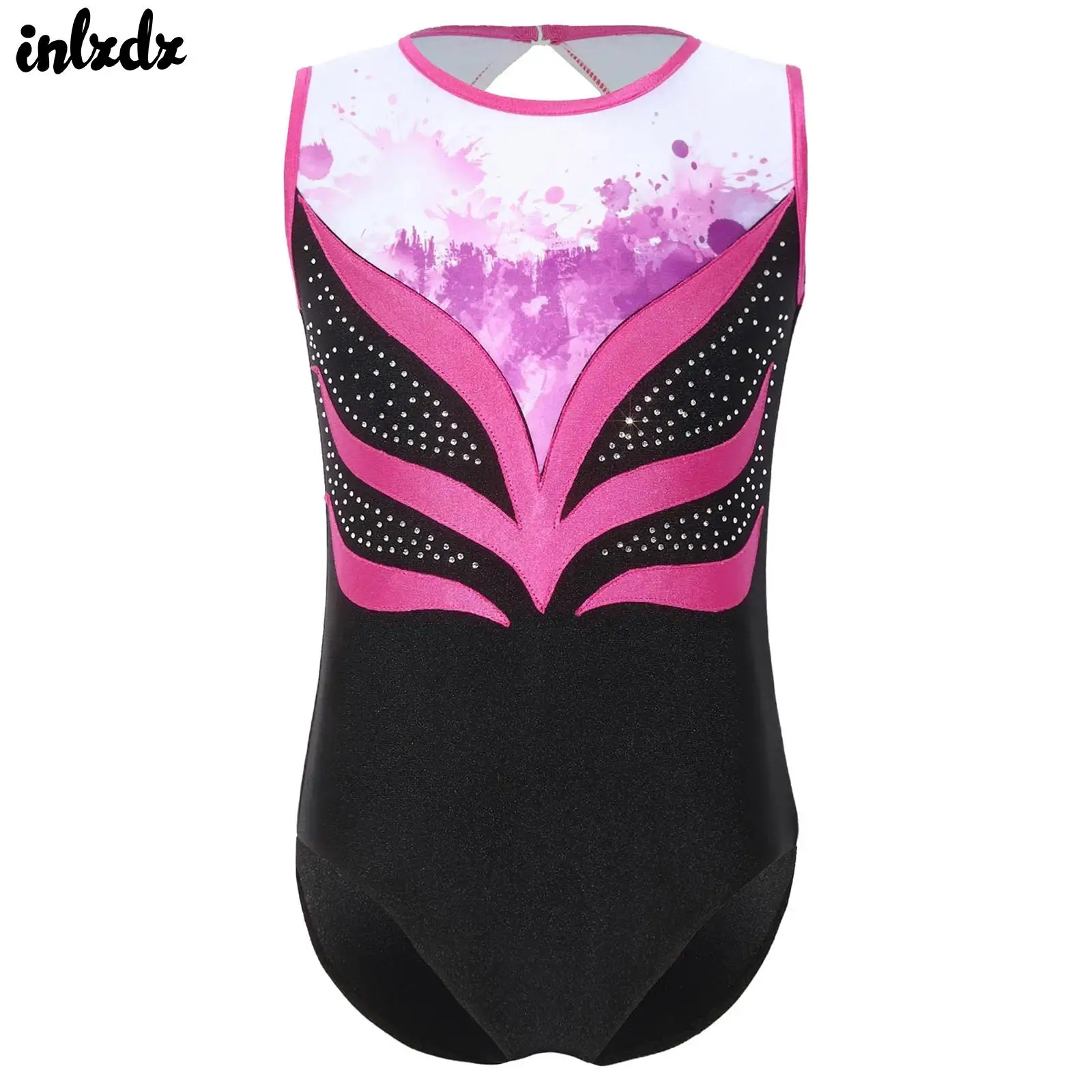 

Kid Girls Rhinestone Gymnastic Ballet Jersey Dance Leotard Costume Crotch Press Buttons Bodysuit Sleeveless Acrobatic Dancewear