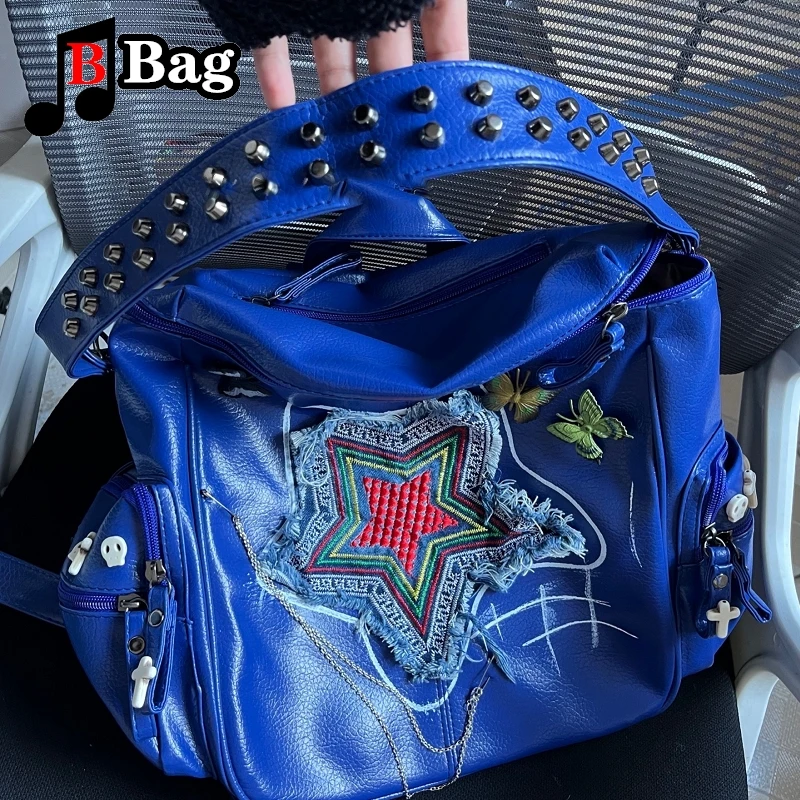 Y2K Vintage Large Capacity Backpack Women Girl Punk Rivet Star Embroidery Backpacks Shoulder Bag Ladies Street crossbody bags