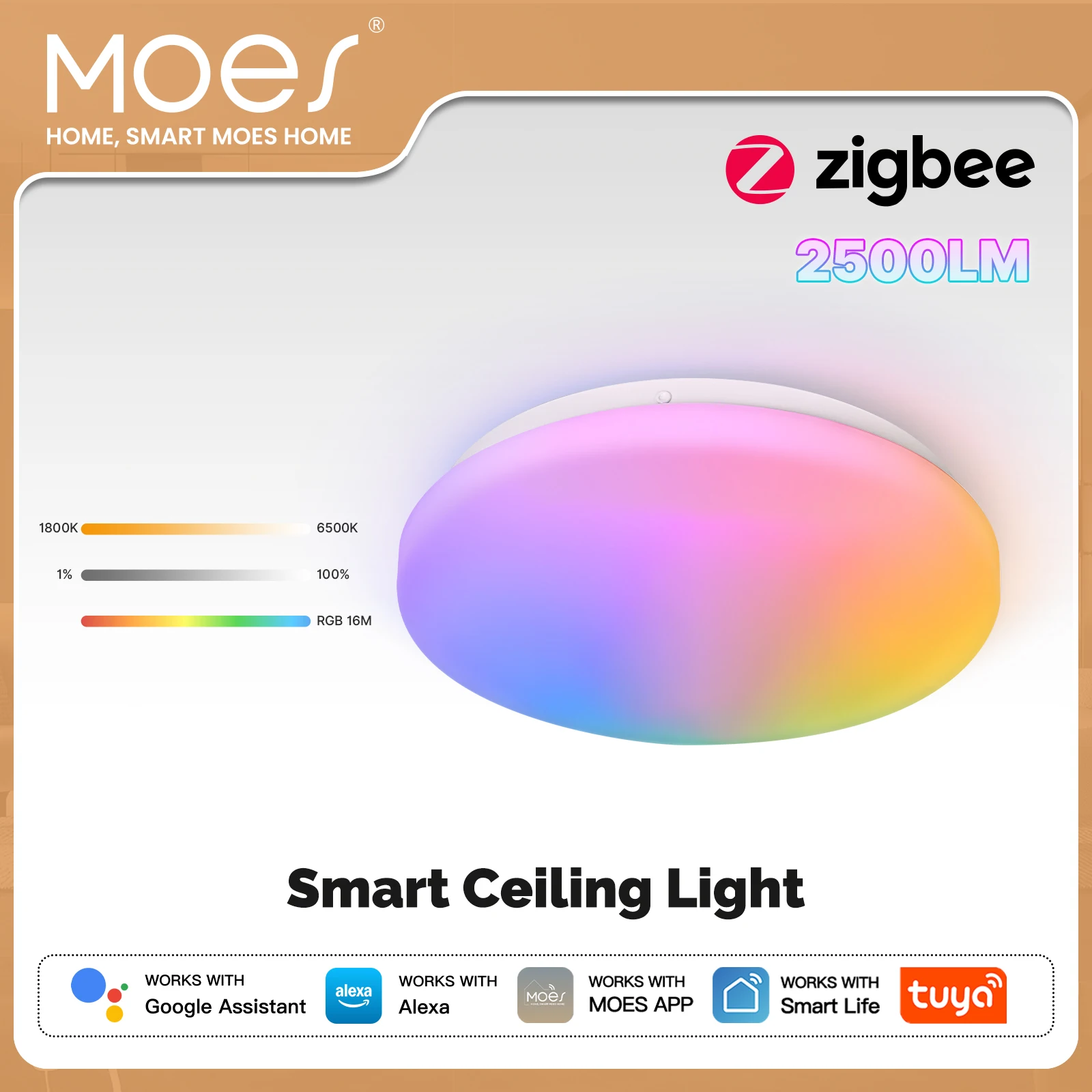 MOES Tuya Zigbee Smarte LED-Deckenleuchte, Ambiente-Lampe mit Einstellbarer Farbtemperatur, RGB-Dimmung, App- und Sprachsteuerung, Kompatibel mit Alexa und Google Home