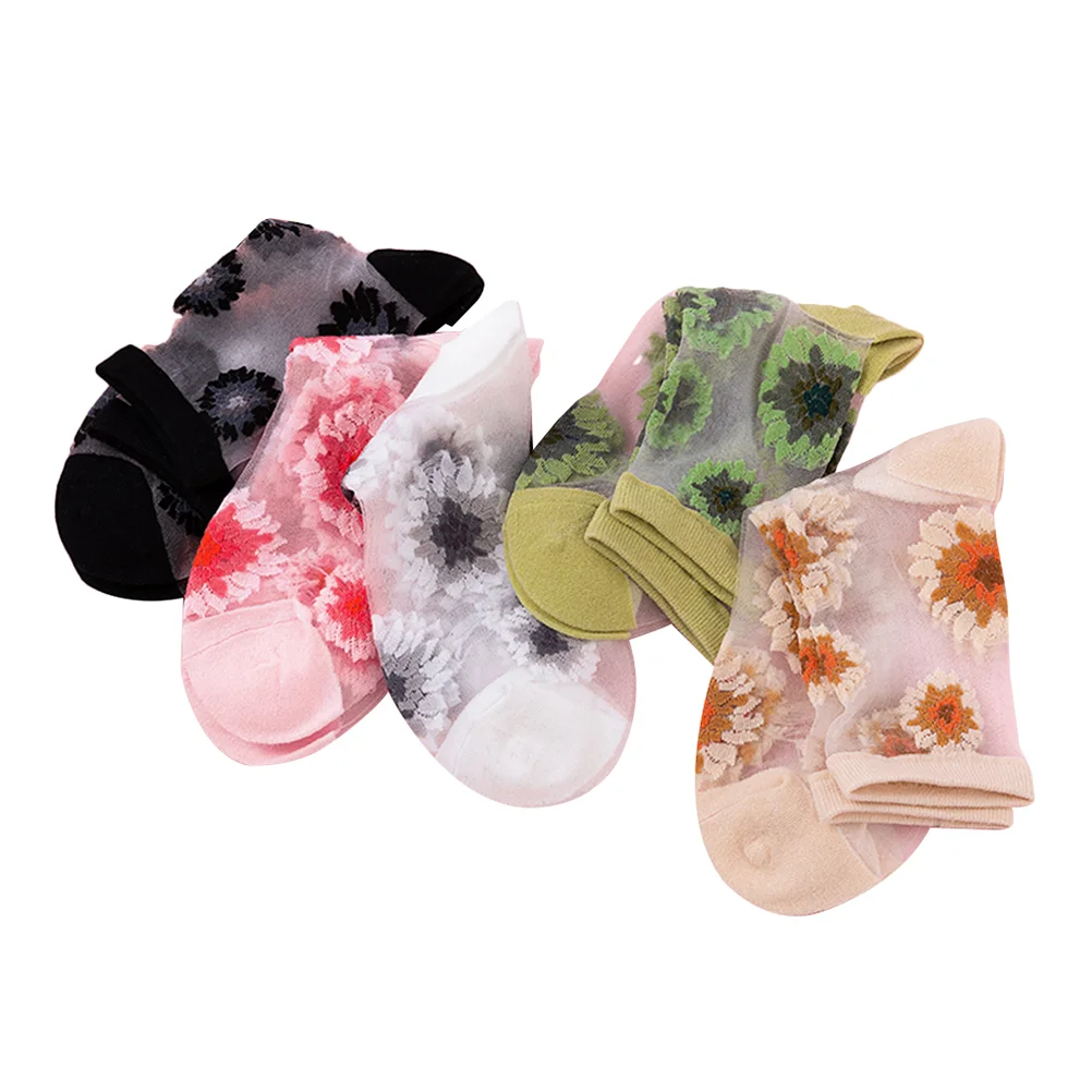 5 Pairs Transparent Socks Summer Lace Mesh Women Flower Sheer for The Flowers Nylon Women's Miss