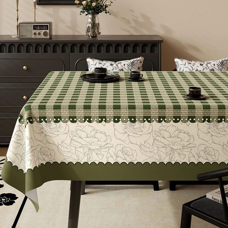 Green Retro Plaid Waterproof Tablecloth High-Quality Pvc Oil-Proof Table Mat for Living Room No-Wash Dining Aesthetic Room Decor