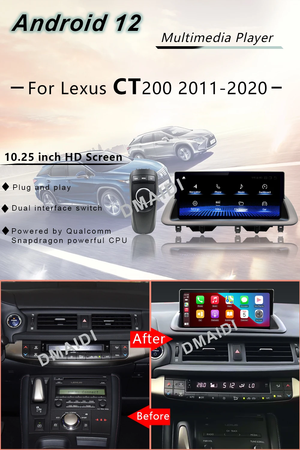 Car Multimedia Player For Lexus CT CT200 CT200H 2011-2020 Qualcomm Android 12 CarPlay Autoradio Stereo Radio GPS Navigation Wifi