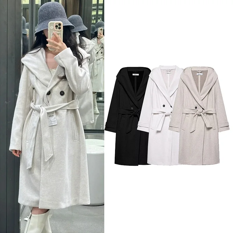 

Женское свободное пальто с поясом, халат, стильная куртка с капюшоном и v-образным вырезом, элегантная осенне-зимняя женская длинная ветровка, верхняя одежда