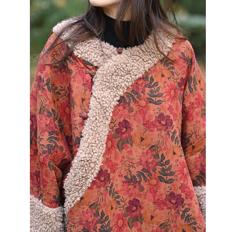 2025 New Arrival Winter Women Vintage Floral Print Single Breasted Long Sleeves Cotton Casual Parkas Loose O-neck Coats J201