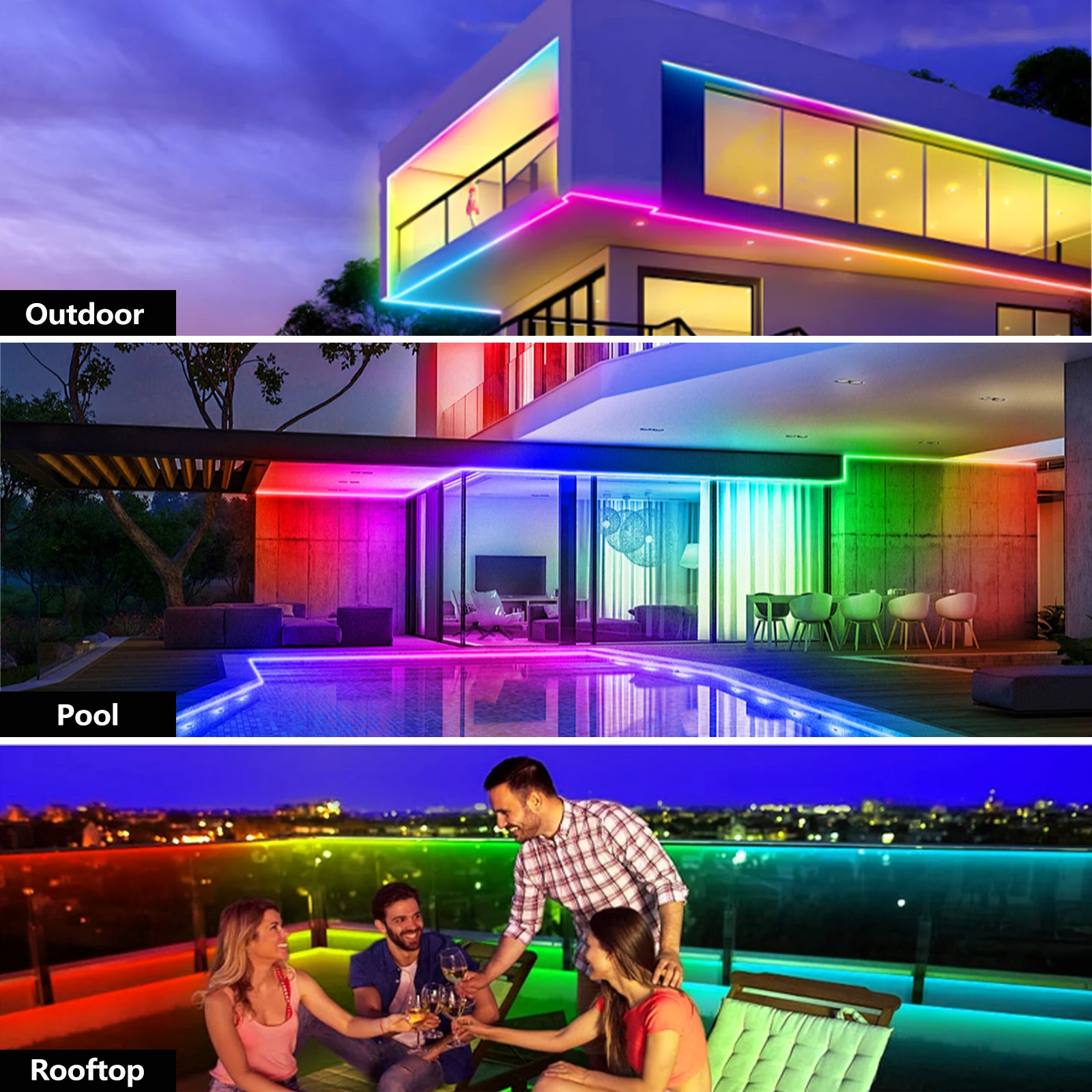 Outdoor LED Strip Light Waterproof, IP68 Outside RGB+IC Light Strip with App/Remote Control, Chase Mode, Music Sync Light for Balcony, Deck,Rooftop, Garden, Pool - view 2