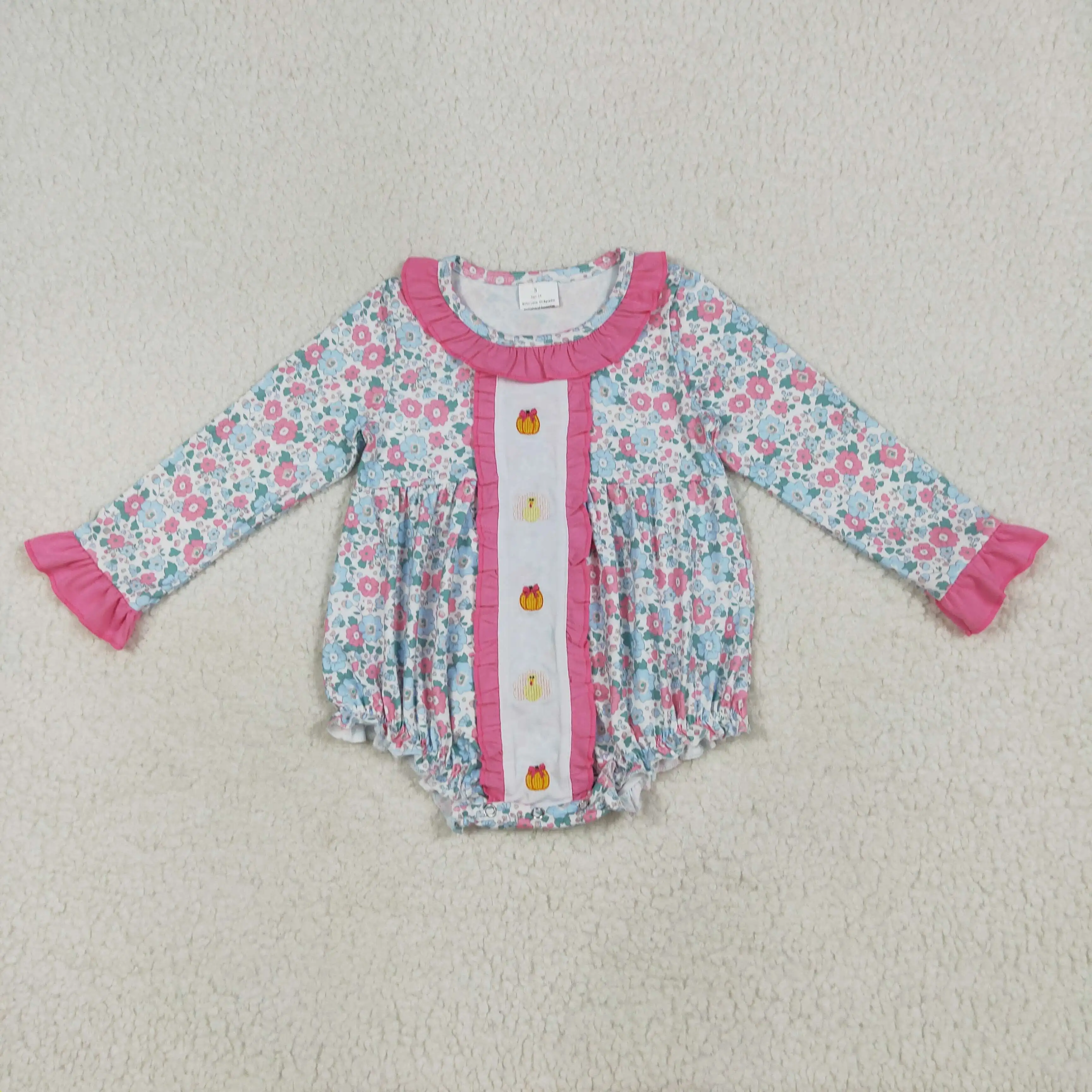 New rts girls thanksgiving romper wholesale boutique embroidery pumpkin turkey flower pattern pink lace long sleeve rompers