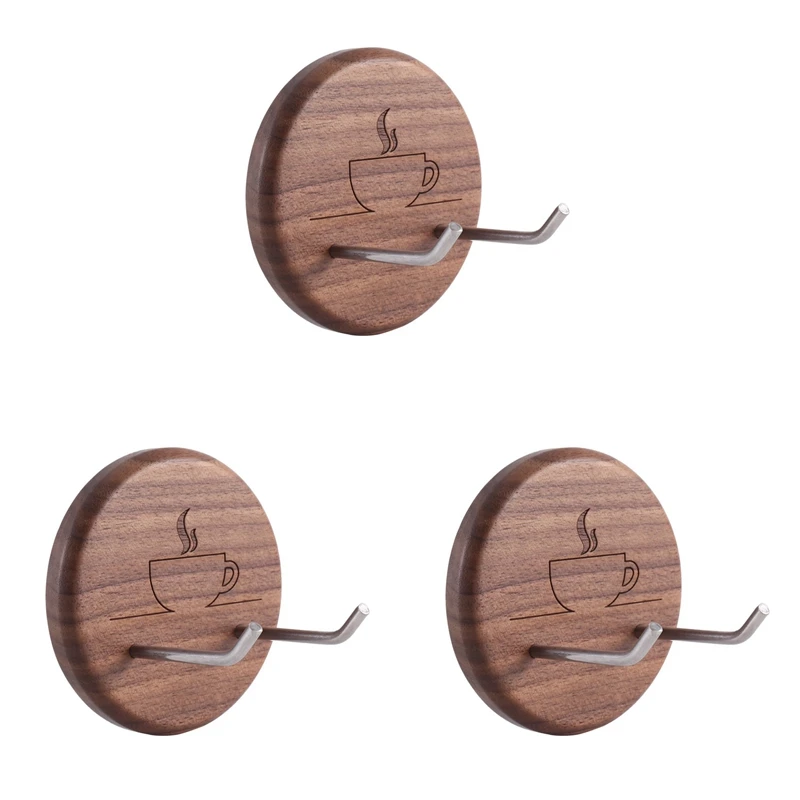 3X Espresso Portafilter Wall Rack Walnut Wall Mounted Hooks With Stainless Steel Hooks For 51/54/58Mm Portafilter