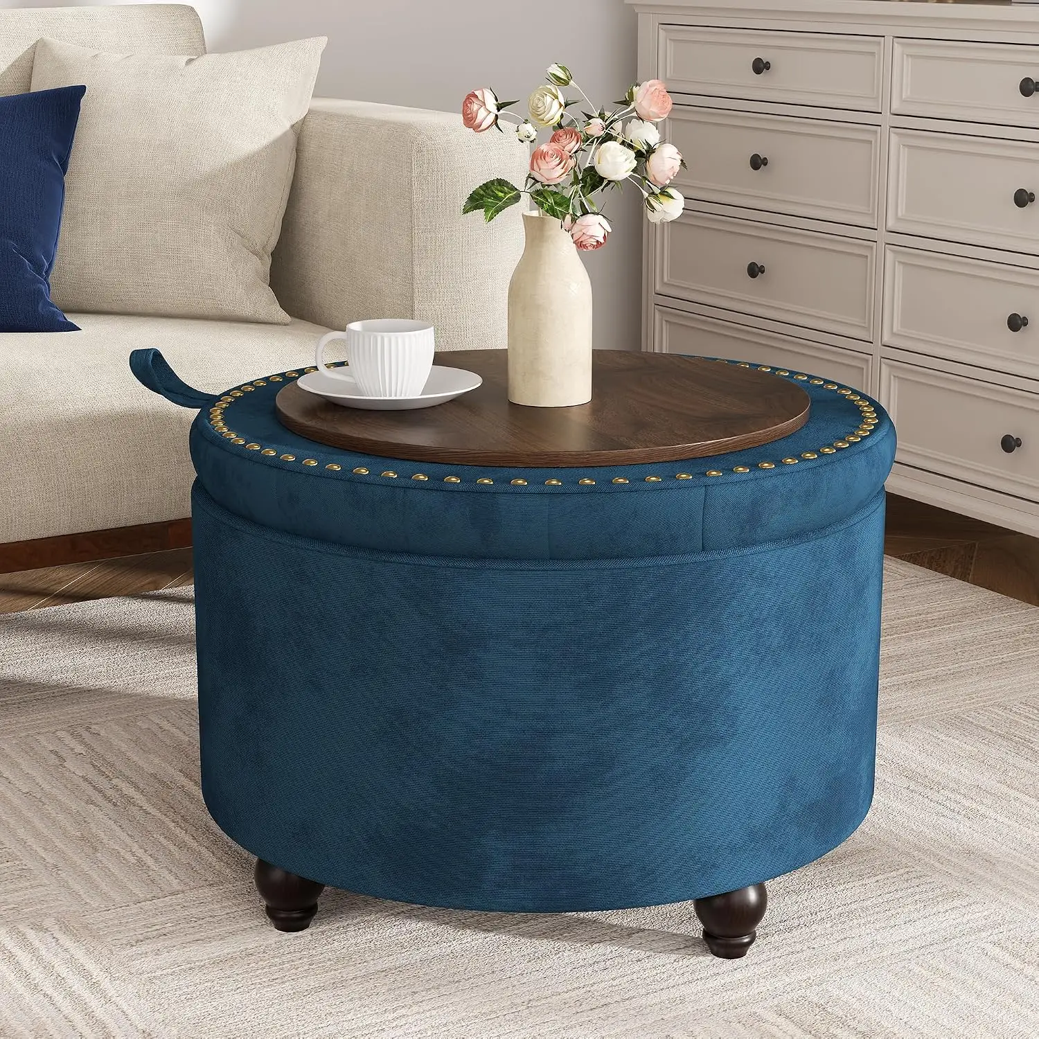 24 Inch Round Storage Ottoman Tufted Coffee Table Removable Top Upholstered Footrest Stool Bedroom Living Room, Customized
