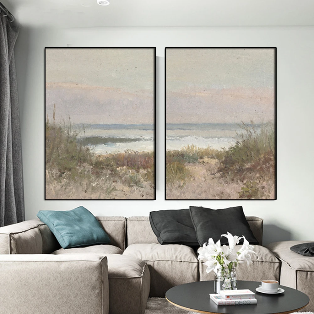 

Modern Neutral Seascape 2 Pieces Canvas Painting Pastel Coastal Posters And Prints Wall Art Picture For Beach Cottage Room Decor