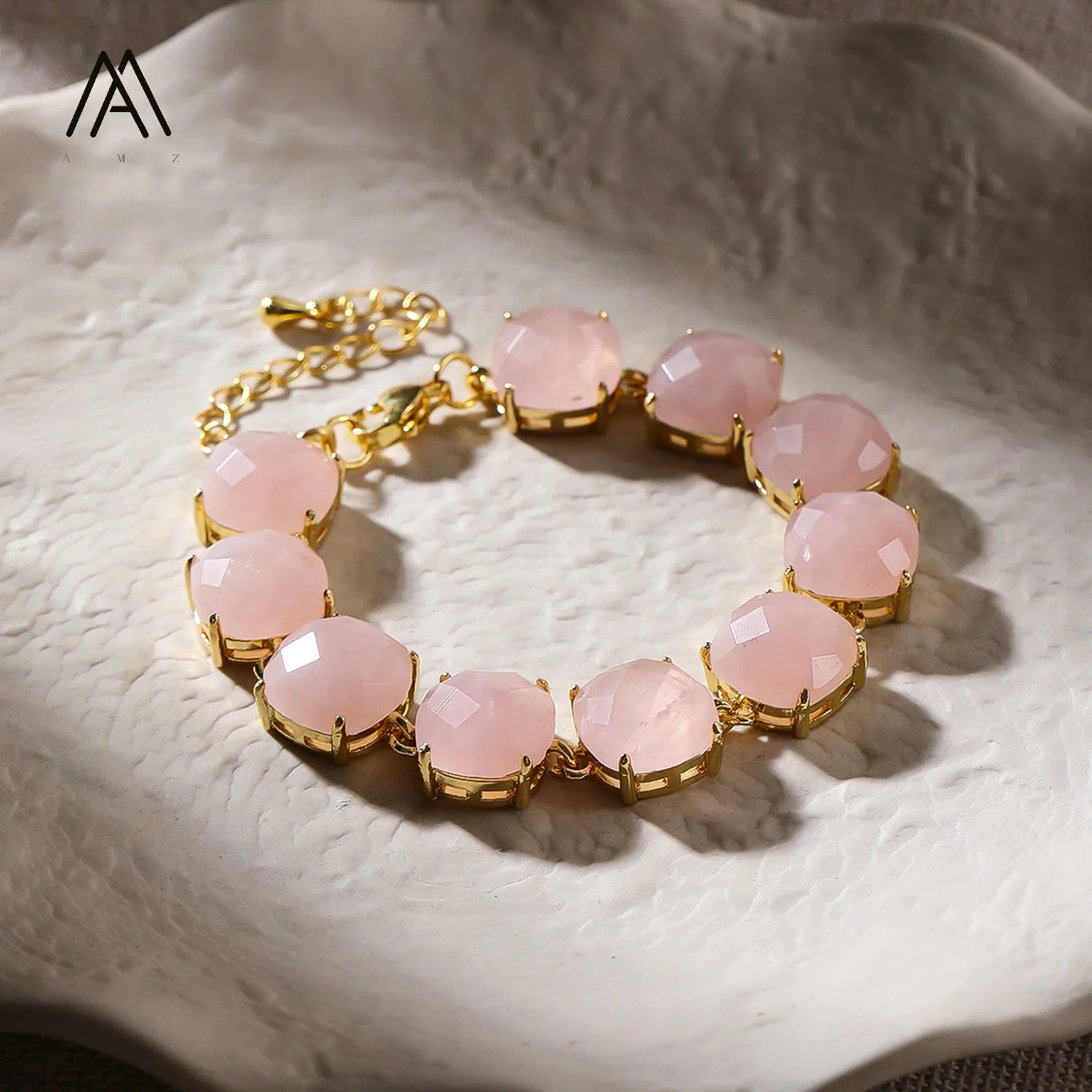 Cushion Cut Faceted Natural Stone Bracelet Women Bangle Rose Quartz Tiger's Eye Jewelry Gemstone Bracelet 4-Prong Setting
