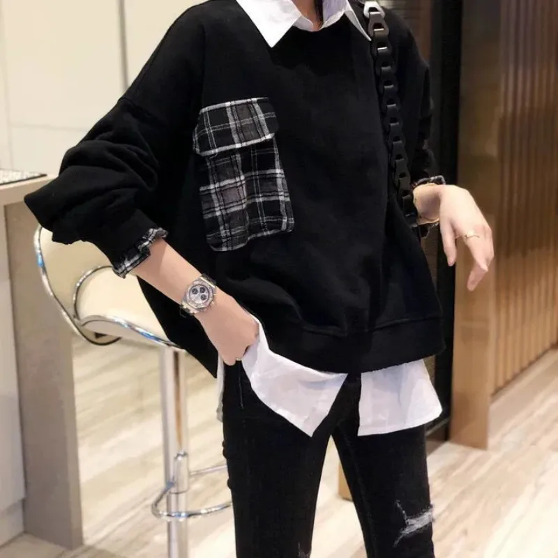 

Женский черный свитшот с эффектом двухслойности, клетчатый, с карманами, контрастным воротником, свободный, с длинными рукавами, повседневный пуловер