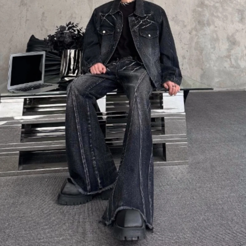Mens Jeans Harajuku Spring Autumn Original Design Ripple Texture Denim Pants Two Piece Style Loose Straight Streetwear Fashion