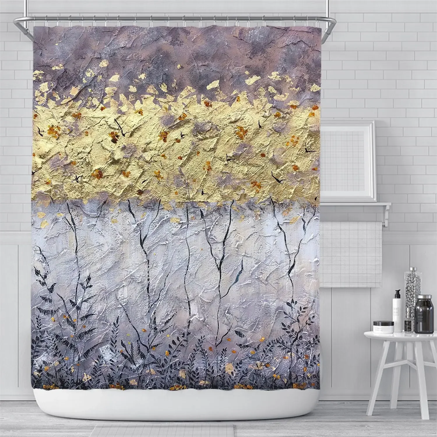 3D Nordic Style Art Painting Golden Shower Curtain Waterproof Bath Curtain Geometric Bath Screen Printed Floral Bathroom Curtain