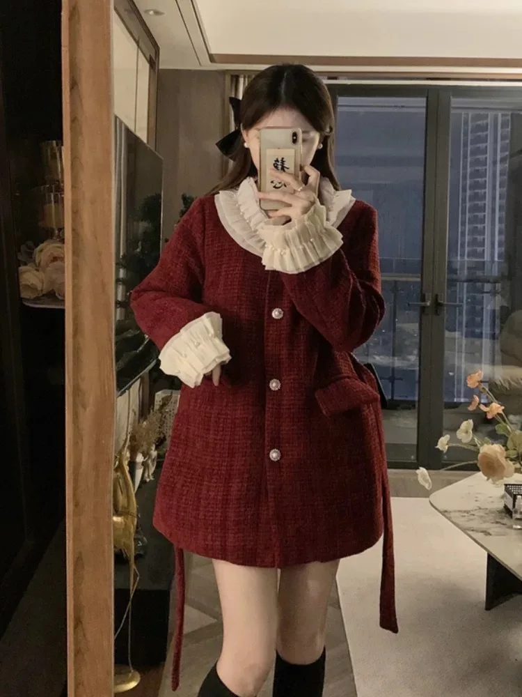 

Classic-inspired Red New Year Ceremonial Robe Blazer Coat for Petite Women Female Lady Autumn Winter Chic Layered Look Outerwear