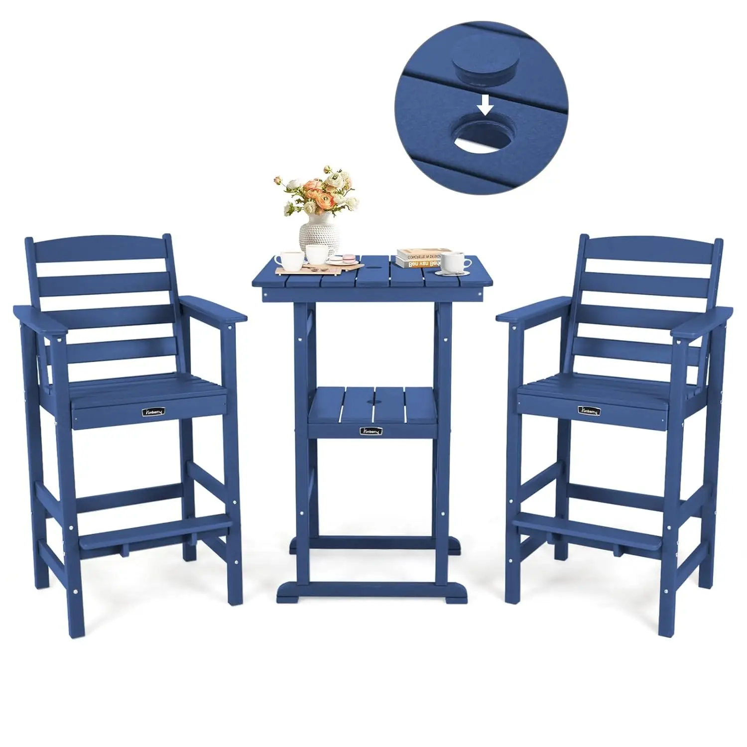 Outdoor Bar Set with Umbrella Holes, Tall Adirondack Chairs and Table, All
