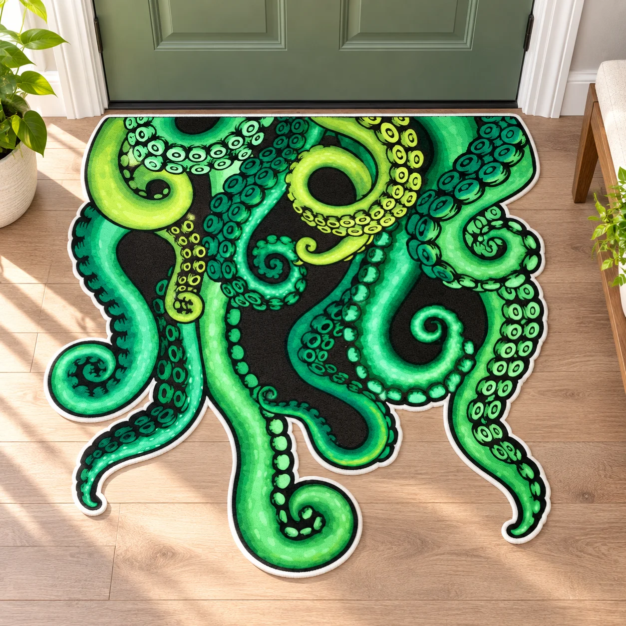 Green Octopus Tentacle Shaped Area Rug, Ocean Animal Floor Mat for Bathroom Bedroom Living Room, Unique Coastal Home Decor Gift