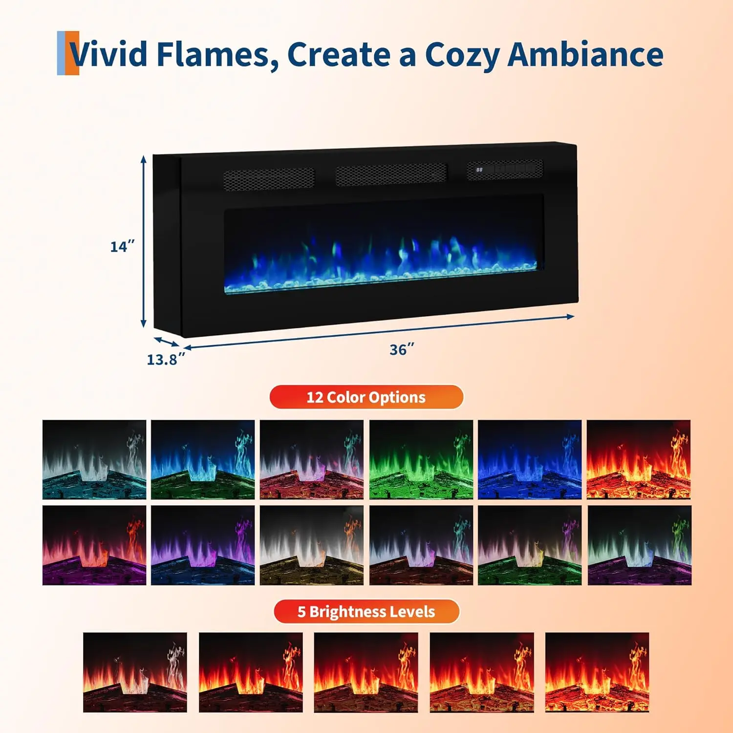 حامل تلفزيون مدفأة مقاس 70 بوصة مع سخان كهربائي وأضواء LED مقاس 36 بوصة - وحدة تحكم وسائط عالية اللمعان وخزائن تخزين تناسب أجهزة التلفاز حتى 80 بوصة