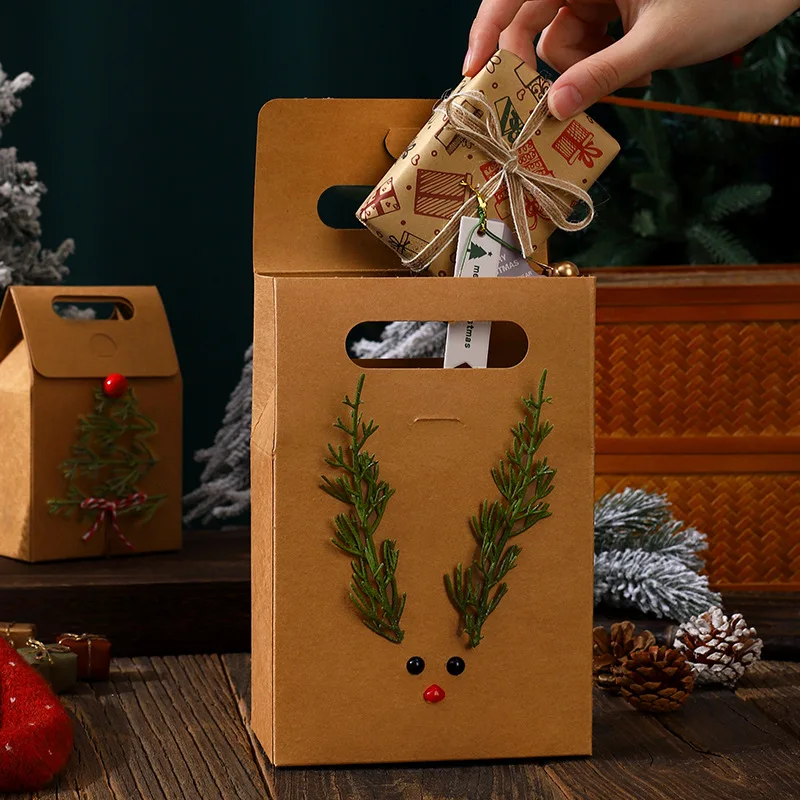 크리스마스 선물 크라프트 종이 가방, 갈색, 20.00x14.00x8.00 cm, 투명 창, 크라프트 종이, 1개, 만화 핸드백, 간식