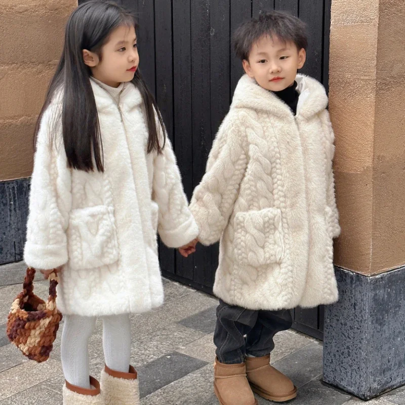 Boy Girls Faux Mink Fur Jackets Children's Fur Clothing Boys Warm Hooded Fur Coats Kids Long Style Furry Outerwear Padded Tops