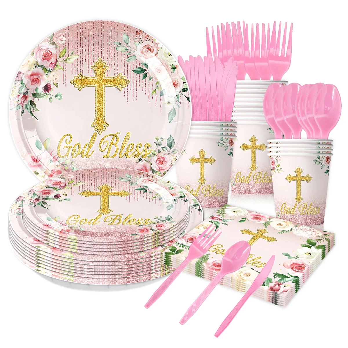 Pink Religious God Bless Cross Baptism Party Supplies God Bless Paper Dessert Plates Cups Cross Napkins First Communion