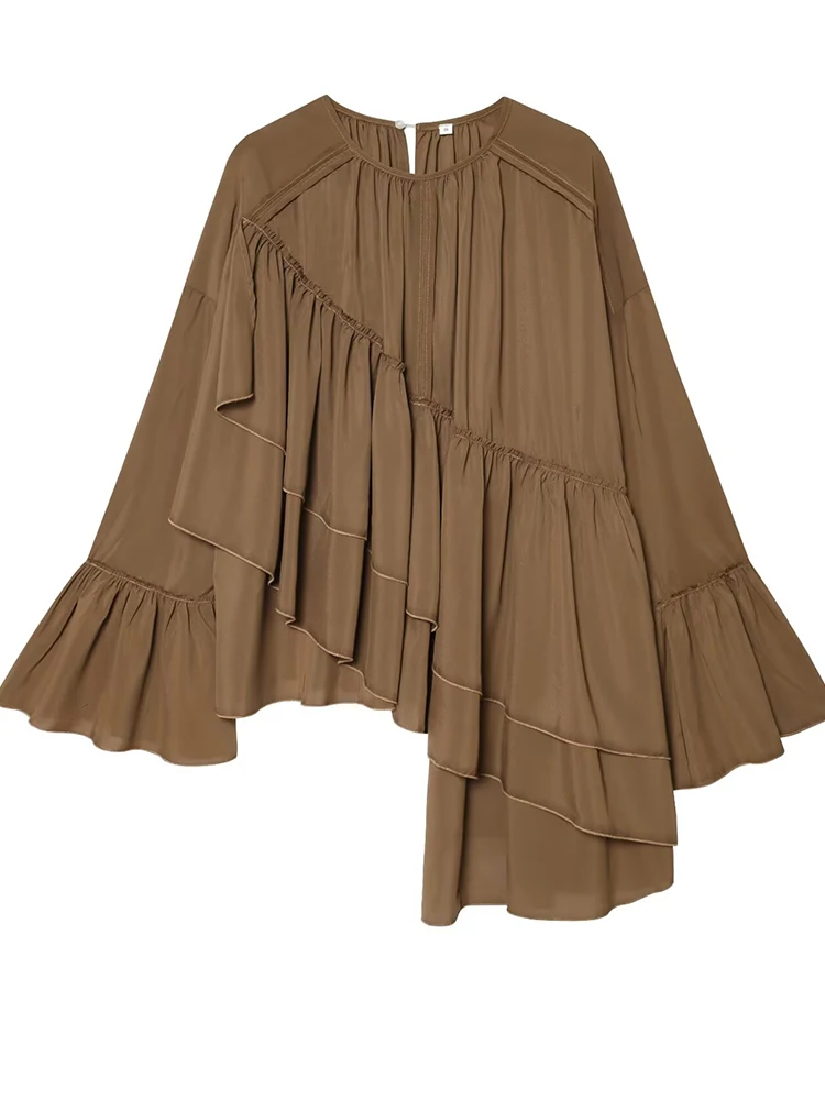 เสื้อผู้หญิงลำลอง 2025 เสื้อแฟชั่นผู้หญิงฤดูใบไม้ร่วง สีพื้น แขนยาว ชายเสื้อไม่สมมาตร ทรงระบาย  เสื้อผู้หญิงสไตล์ไฮสตรีททรงหลวม