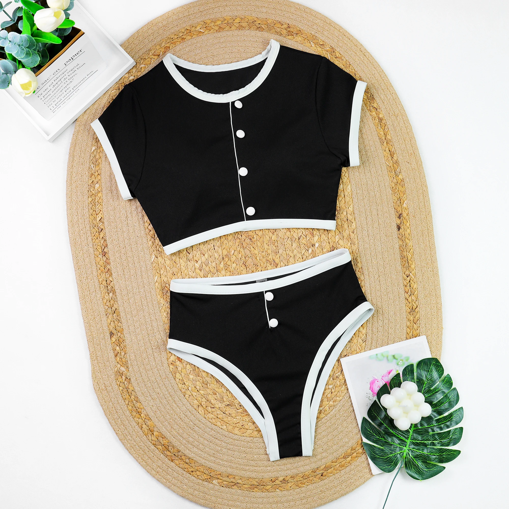 

High-Waist Sexy Girl's Thong Bikini Set Fashion Themed Batling Swimsuit Female Beachwear 2025 New Swimwear for Beach Visits
