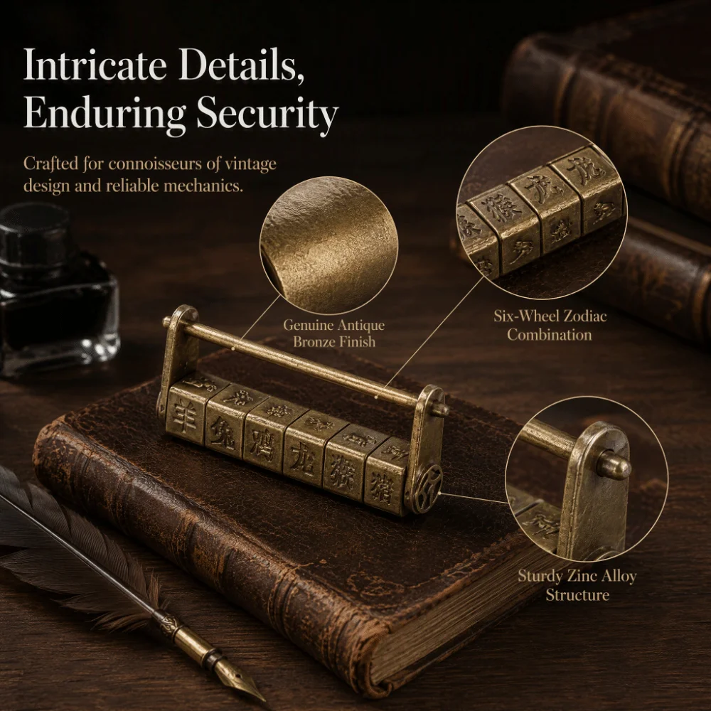 Antique Zinc Material Password Lock Traditional Style 6 Wheel Coded Lock Antique Decoration Lock Decorative Craft