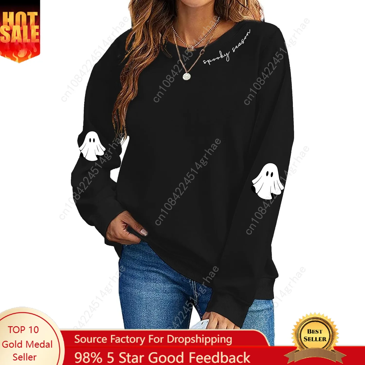 Bluzy na Halloween Damskie Koszulki na Okres Halloweena Śmieszne Koszulki z Grafiką Duchów Koszulki Halloweenowe z Długim Rękawem Bluzy z Nadrukiem