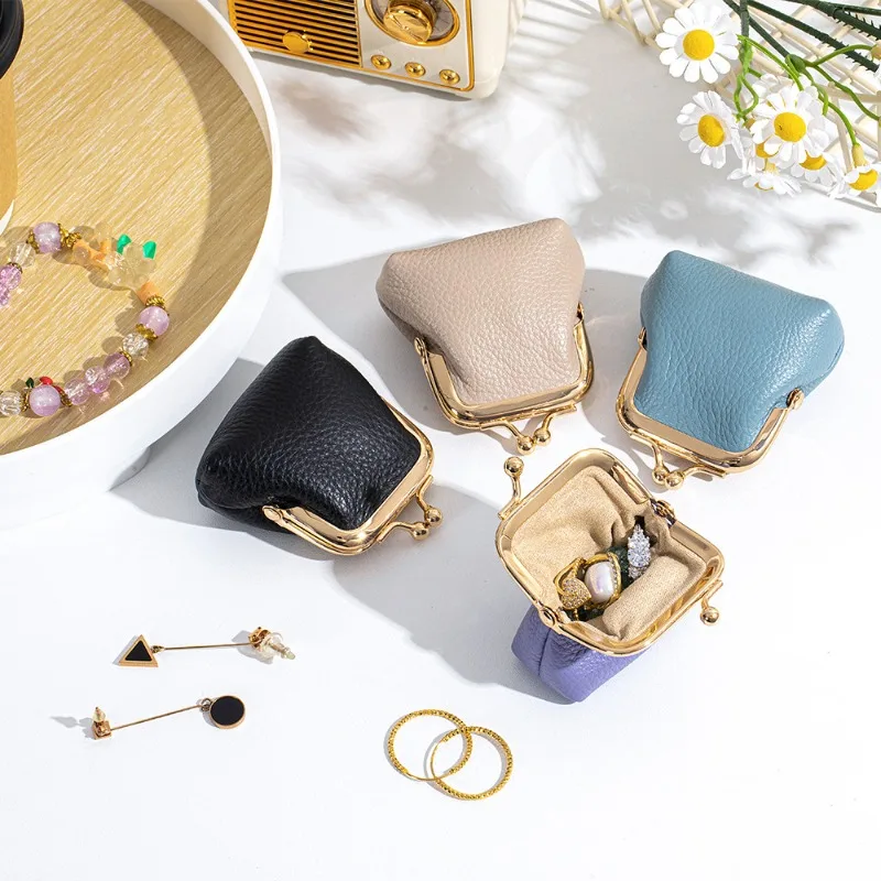 Women Genuine Leather Mini Kiss Lock Pouch Vintage Metal Frame Coin Purse Small Jewelry Organizer Pouch for Rings Studs Earring