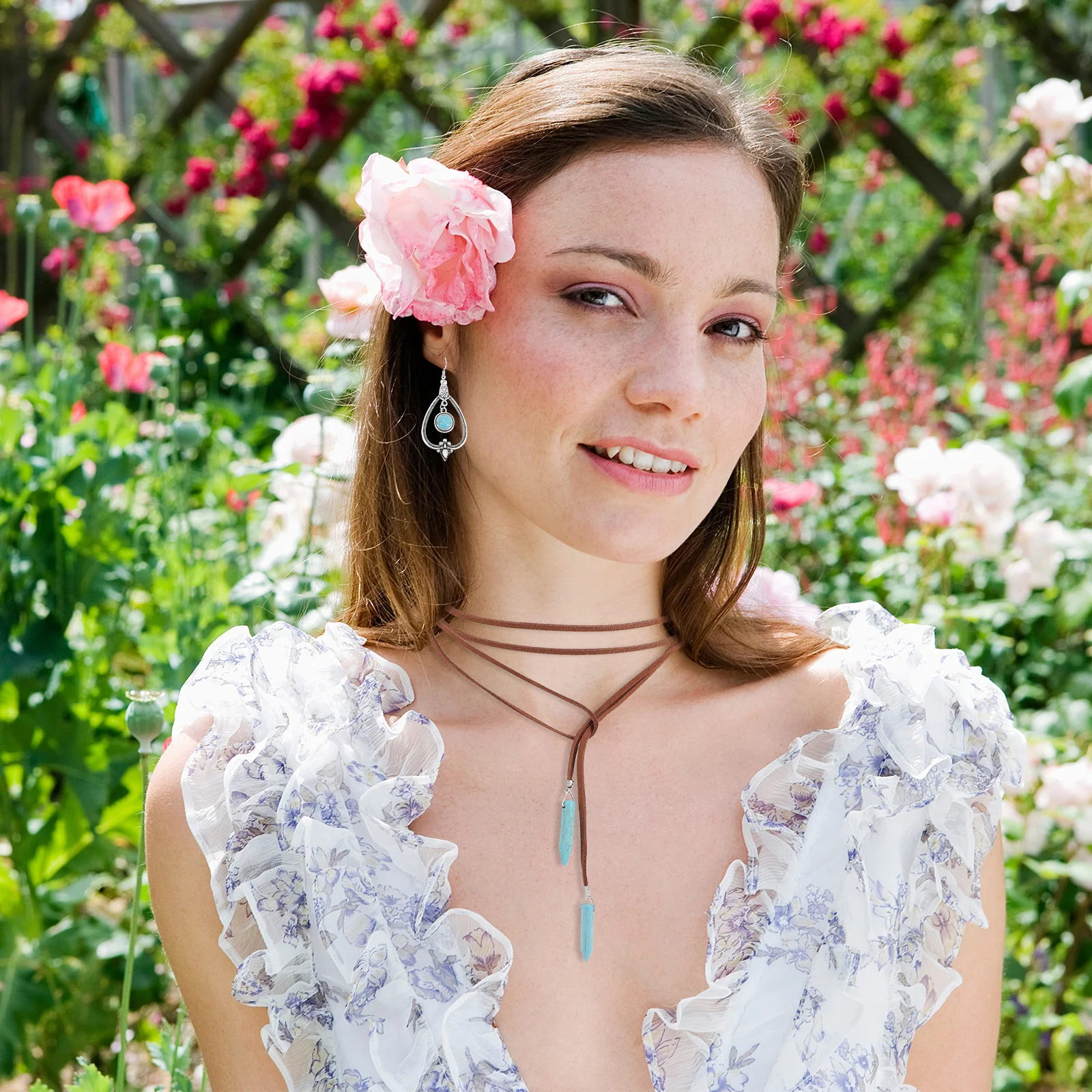 

1 set 1 Set Turquoise Necklace Earrings Jewelry Set For Women Bohemian Western Style Bridal Party Gift Daily Wear Premium