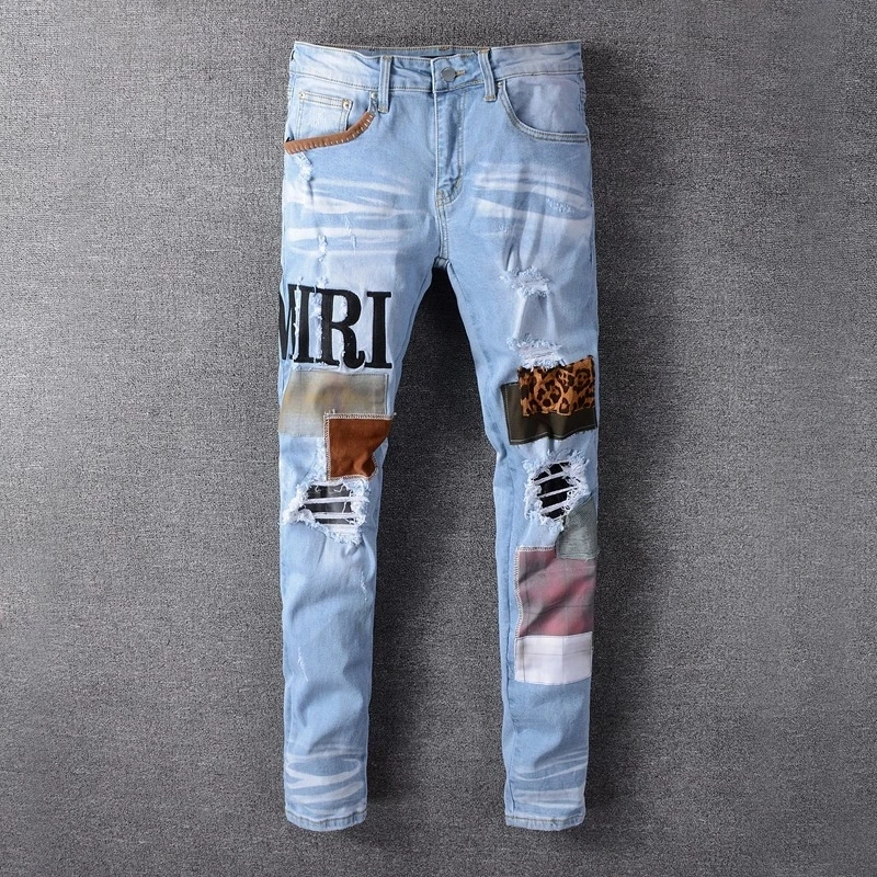 New Embroidery Patchwork Fashion Brand Jeans Men High Street New Blue Stretch Slim Fit Jeans Big Size Designer Jeans Mens