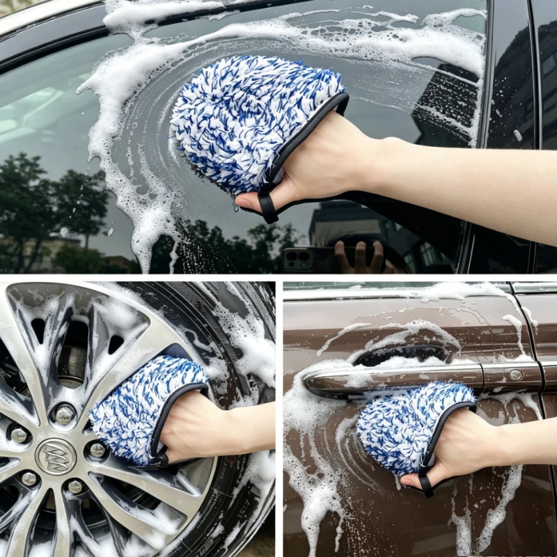 1Pc Thickened Long Plush Half-Palm Car Wash Glove – Double-Sided with Cleaning Sponge & Hanging Loop
