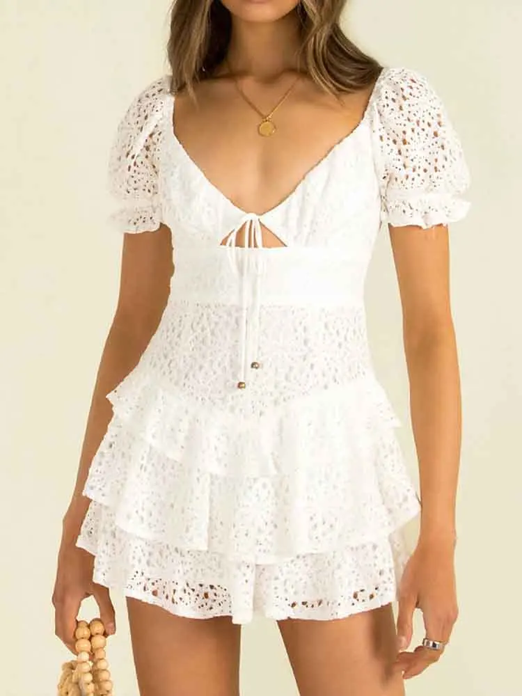 

European style new women's fashion all-match white hollow embroidery square collar tie cake skirt puff sleeve dress