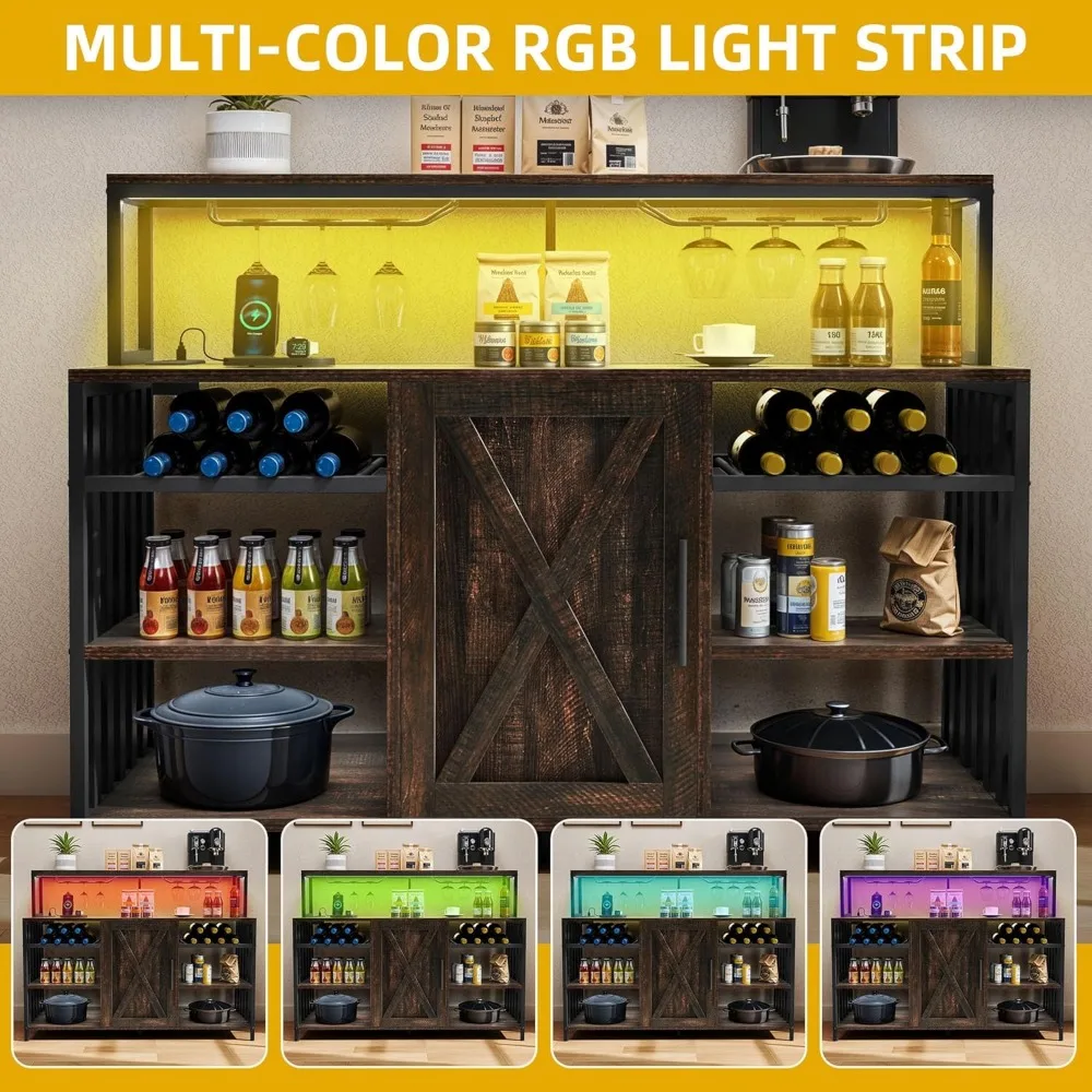47" Bar Table Cabinet with Power Outlet and LED Lights Wine Rack Storage Buffet with Glass Holder Liquor Cabinet for Dining Roo