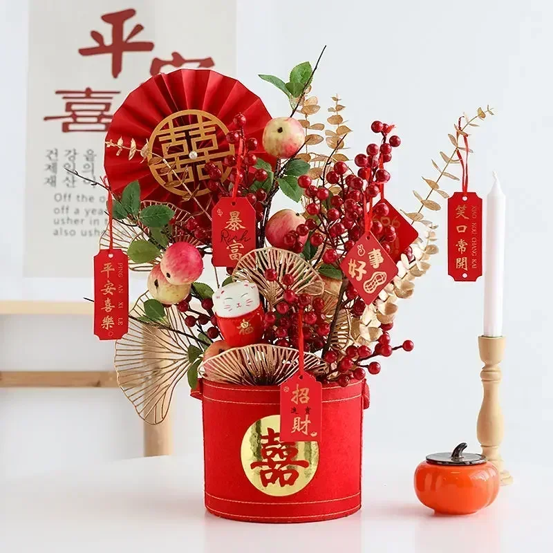 

Chinese Red Silk Cloth Futong Vase Red Fortune Fruit Fake Flower Set New Year Decoration Home Livingroom Furnishing Accessories