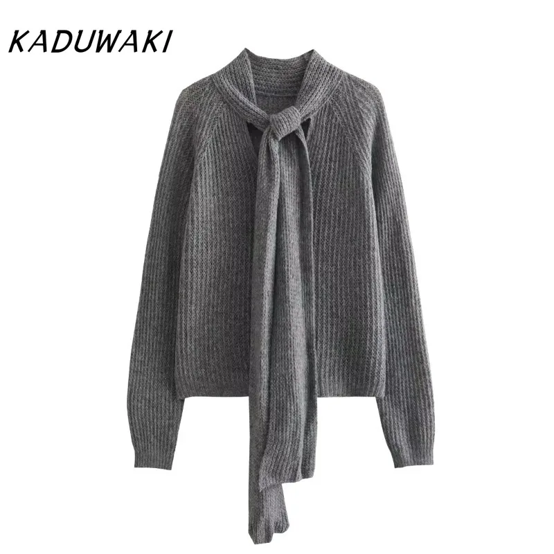 KADUWAKI Spring Cut Out Knitted Sweater Bow Collar Women Sweater Pullover Long Sleeve Casual Knitwear Jumper Top Female Clothing