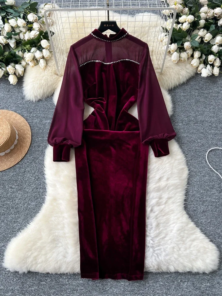 Robe de soirée longue en velours vintage pour femmes, col rond, diamants, maille, épissure, chic, dames, fente latérale, senior, élégante, robe de soirée, automne, nouveau