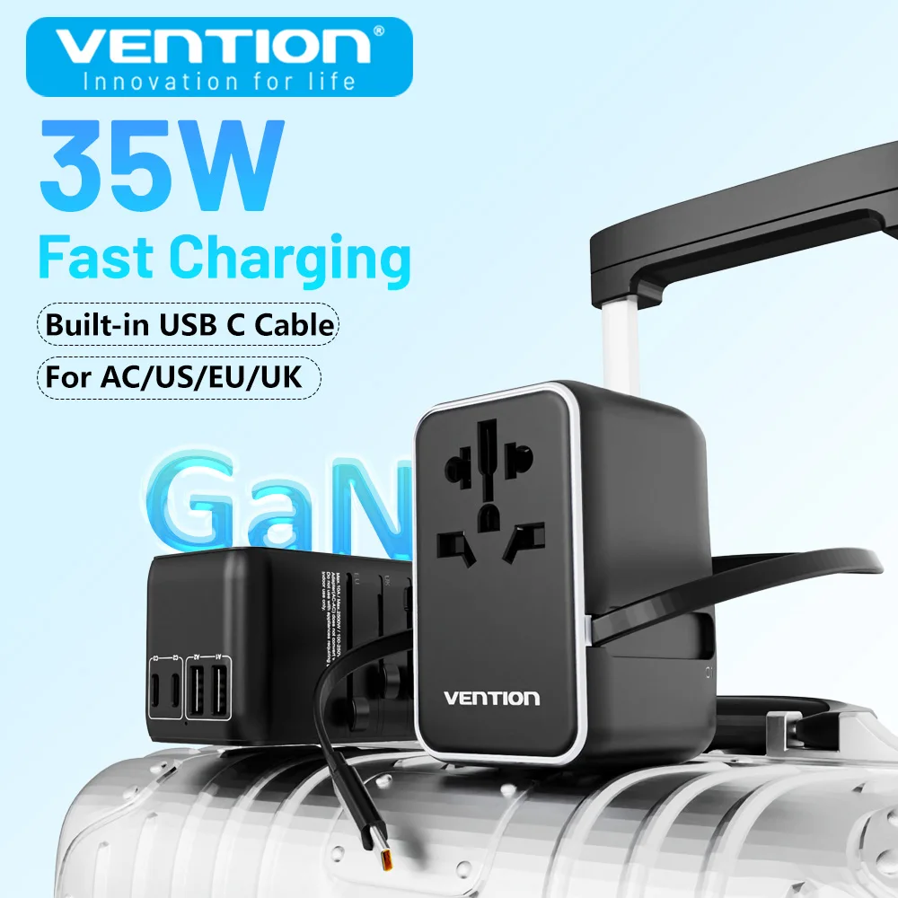 

Vention 35W GaN Charger Universal Travel Adapter Built-in Type-c Cable with 2 USB 2 Type C Fast Charge Wall Charger EU/UK/US/AU