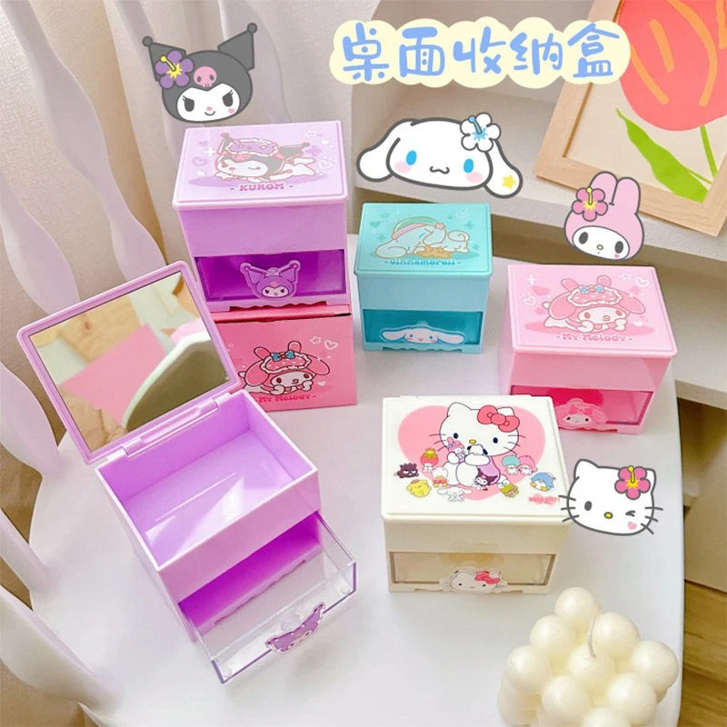 Kawaii Kuromi My Melody Mirror Storage Box Sanrio Anime Hello Kitty Cinnamoroll Desktop Drawer Box Girl Heart Utility Box Gifts