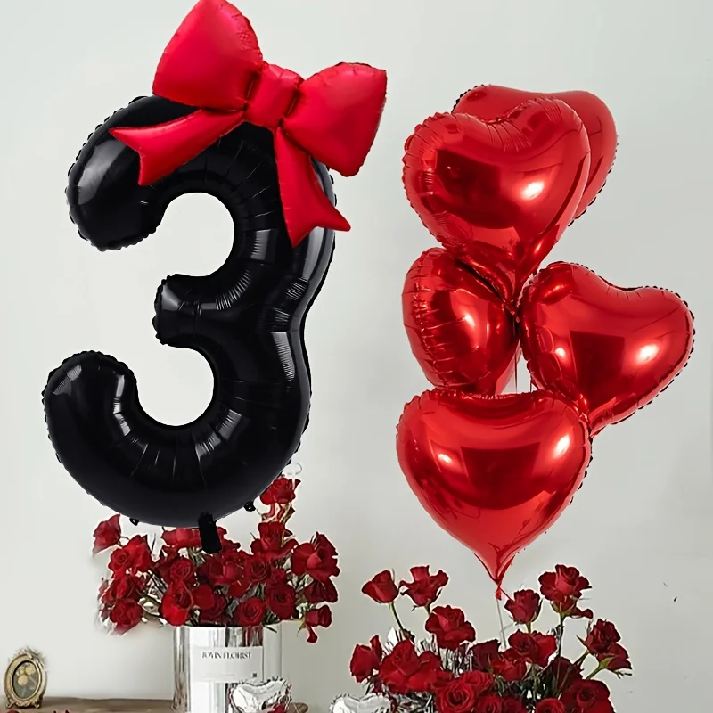 7-teiliges schwarzes Zahlen- und Herzballonset, einschließlich 0–9 Zahlenballons mit Schleifendekorationen und passenden Herzballons – geeignet für Geburtstagsfeiern, Hochzeiten, Geburtstage,