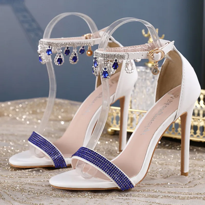 

Sexy Lady Blue Rhinestone Wedding Party Shoes Women Crystal High Heels Open Toe Plus Size Ankle Strap Fashion Sandals D0005