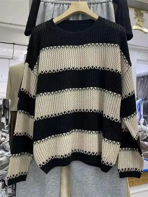 

Casual Style Long Sleeve Knitted Sweater Women's round Neck Shoulder Casual Color Block Striped Loose Fit Autumn New Arrival