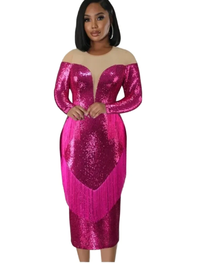 Sequiens Fuchsia Tassel Dresses for Women Sexy Tulle Patchwork Luxury Birthday Evening Cocktail Event Party Bodycon Gowns Outfit