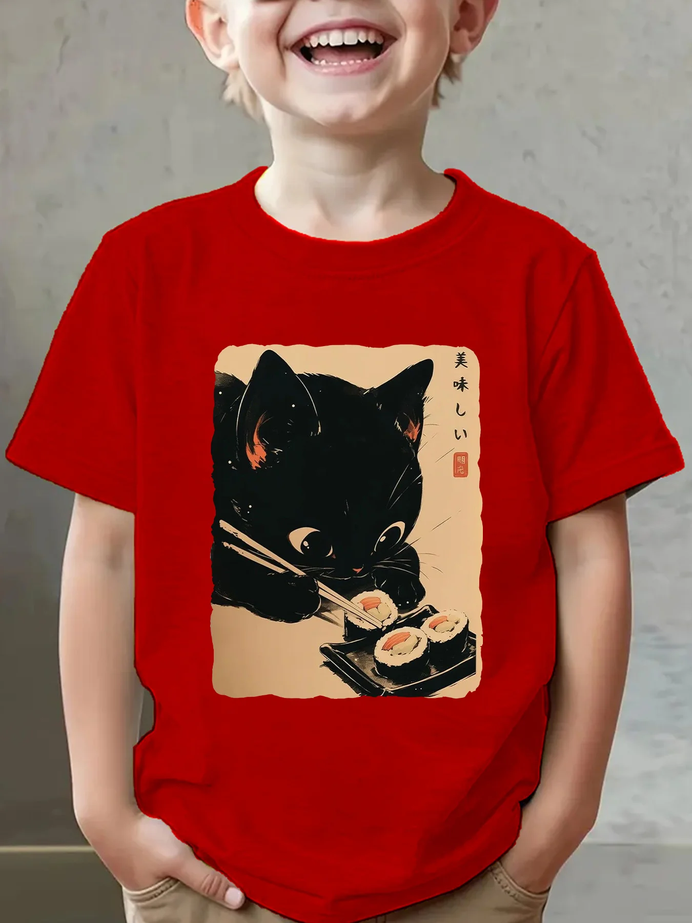 Japanese Style Black Cat Sushi Art Print Boys Girls Family Matching Cotton Short Sleeve Crew Neck Soft Summer Kids Casual Tees