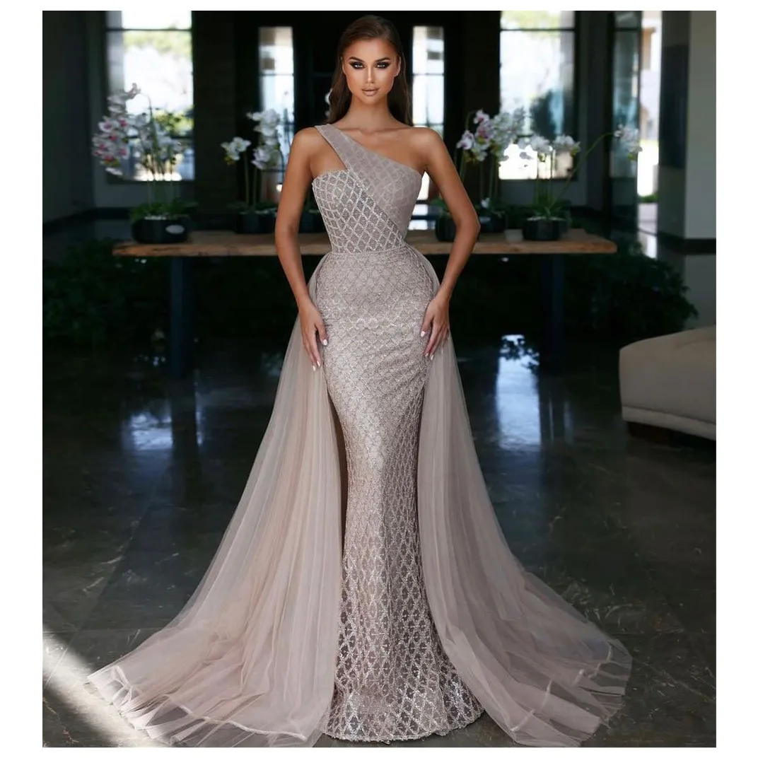 Mermaid Evening Dresses Bateau Sleeveless One Shoulder Sequins Lace Beaded Appliques Detachable Train Prom Dresses Custom Made