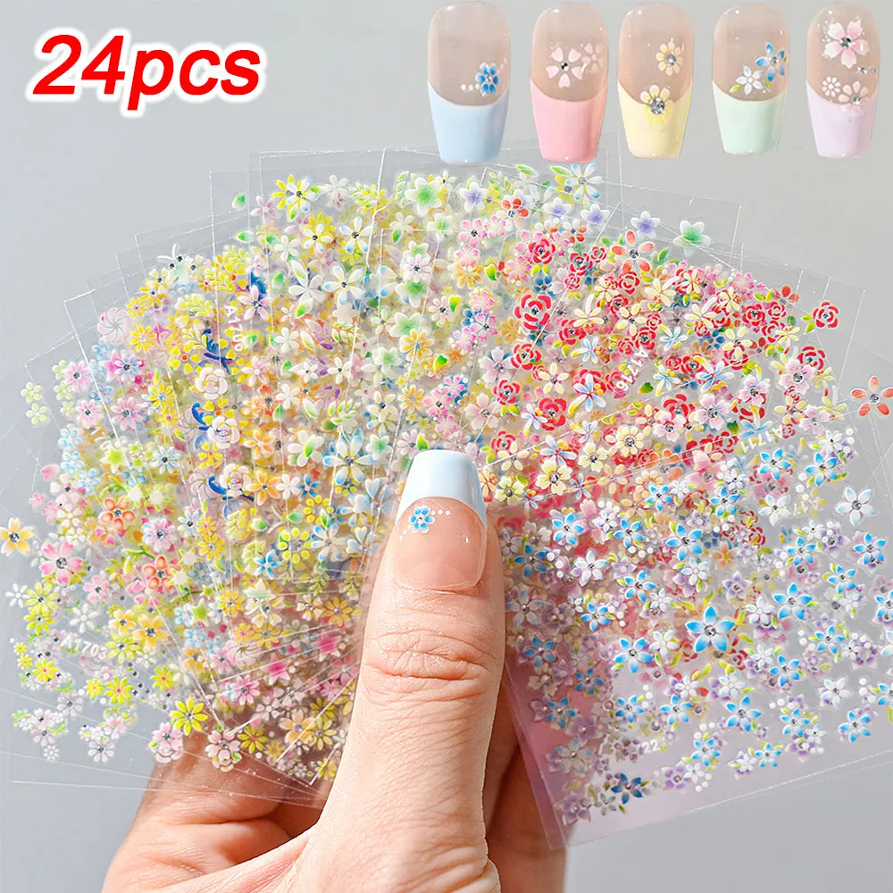 24/30pcs 3D Blossom Sakura/Rose/Daisy Nail Decals Colorful Mini Flower Nail Stickers Self-Adhesive 5.5*6.5cm Flower Nail Sliders