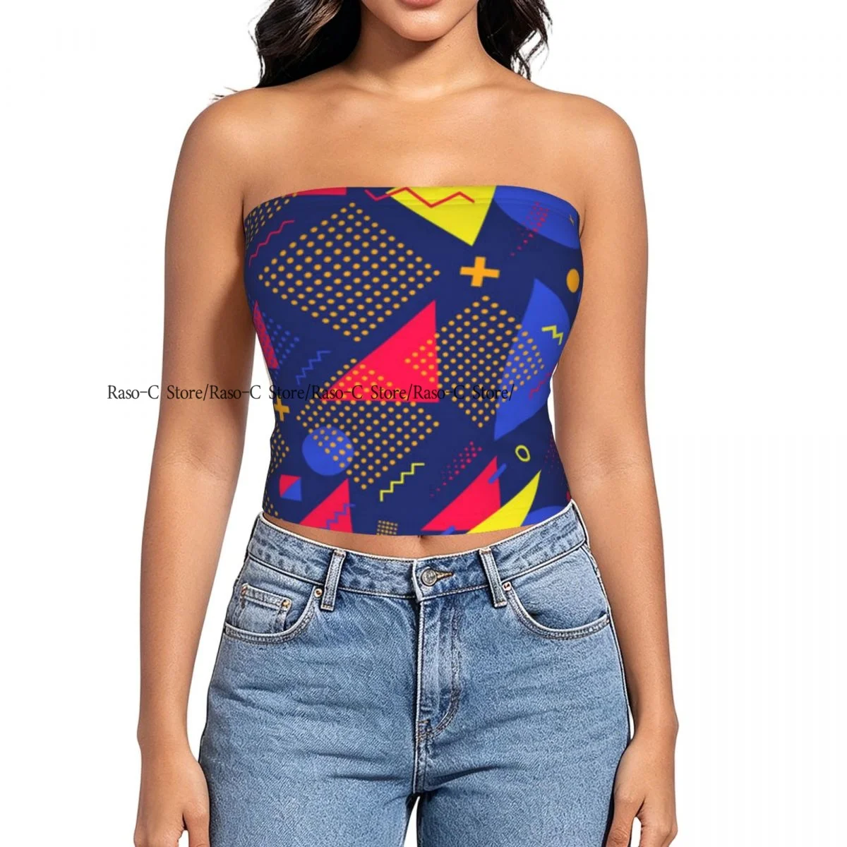 Women's strapless halter top Geometric 80s Vintage Background summer sexy short-sleeved top