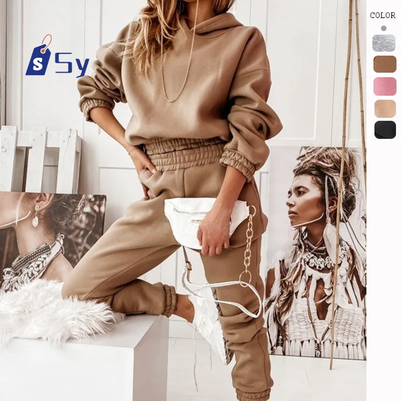 

Sy 2024 New Autumn And Winter Women's Clothing Long-sleeve Hooded Waist Belted Hoodie Cuffed Trousers Suit Two-piece Set Women